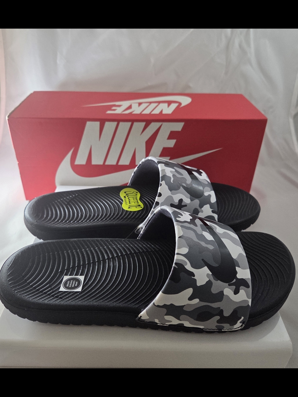 Nike Kids Black Footbed White & Gray Camo Slide Sandals